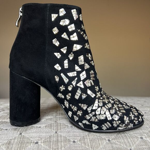 Bywin Black Suede Block Heel Ankle Booties Mirror Like Accents Women US 6.5  Zip - Picture 3 of 16